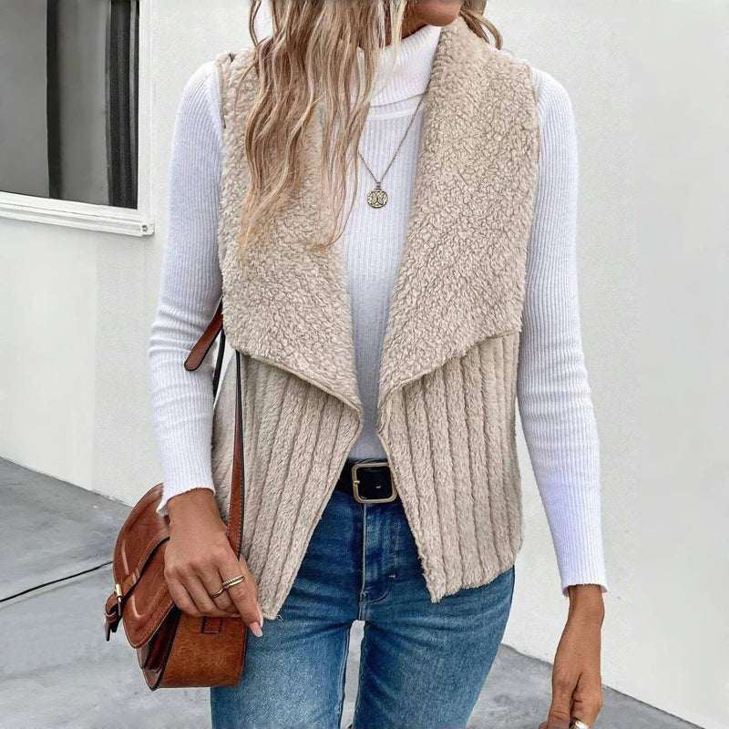 Women's Sherpa Fleece Vest Lapel Collar Sleeveless Open-Front Ribbed Cozy