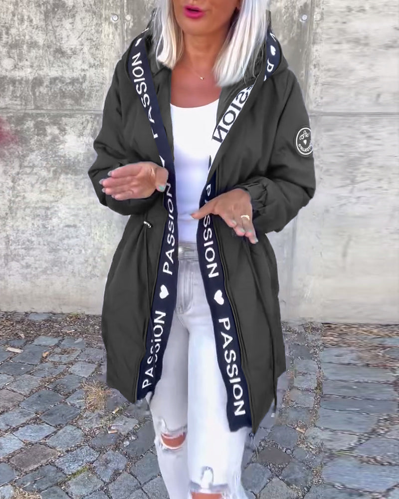 Women's Hooded Padded Coat Drawstring Waist Letter-Trim Zip-Up Warm