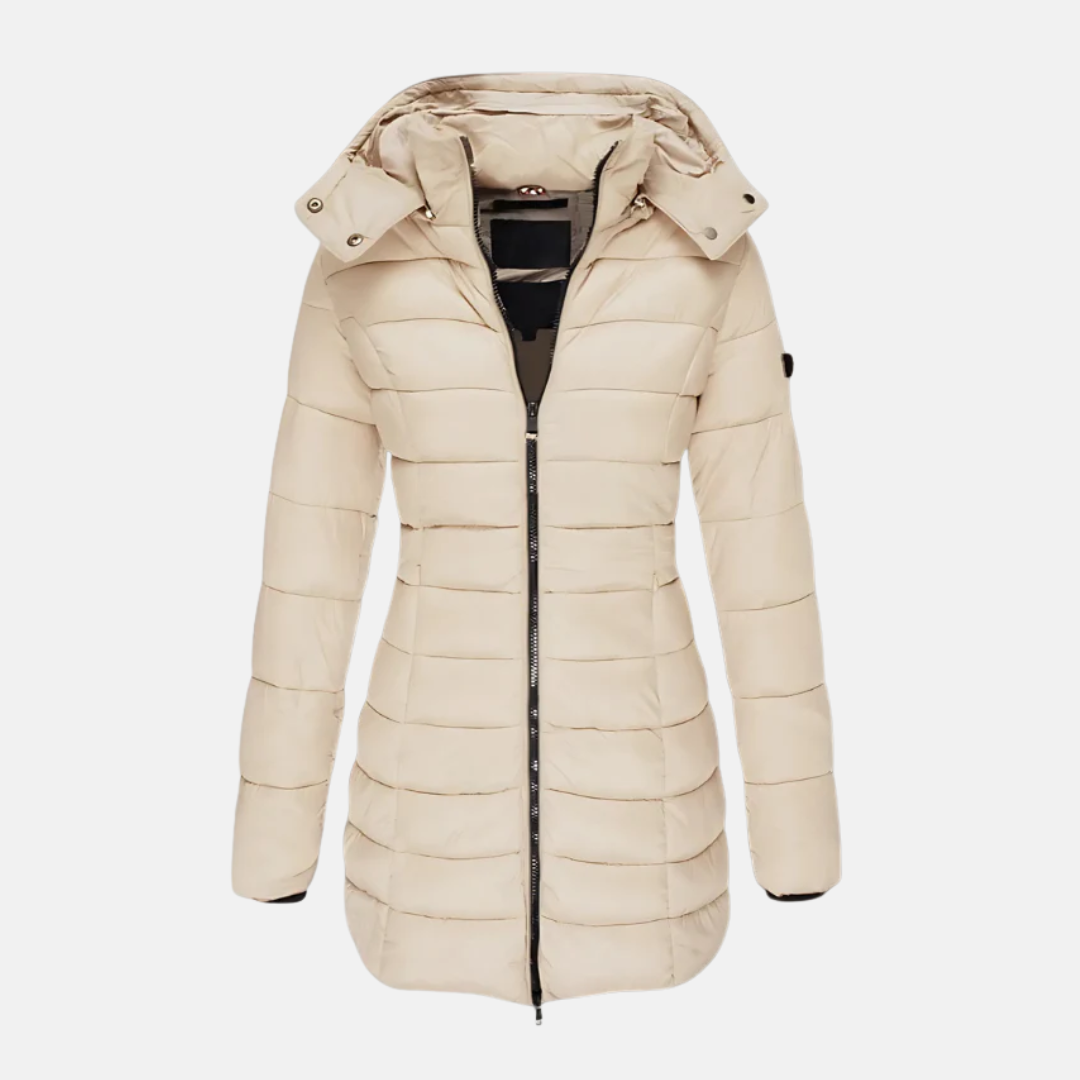 Women's Slim Hooded Puffer Coat Mid-Length Quilted Full-Zip Fitted