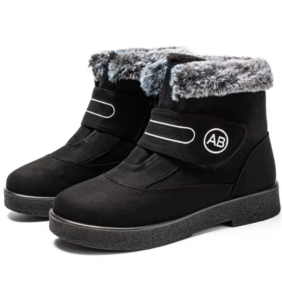 Women's Fur-Lined Snow Boots Suede Velcro-Strap Fur-Cuff Non-Slip Warm