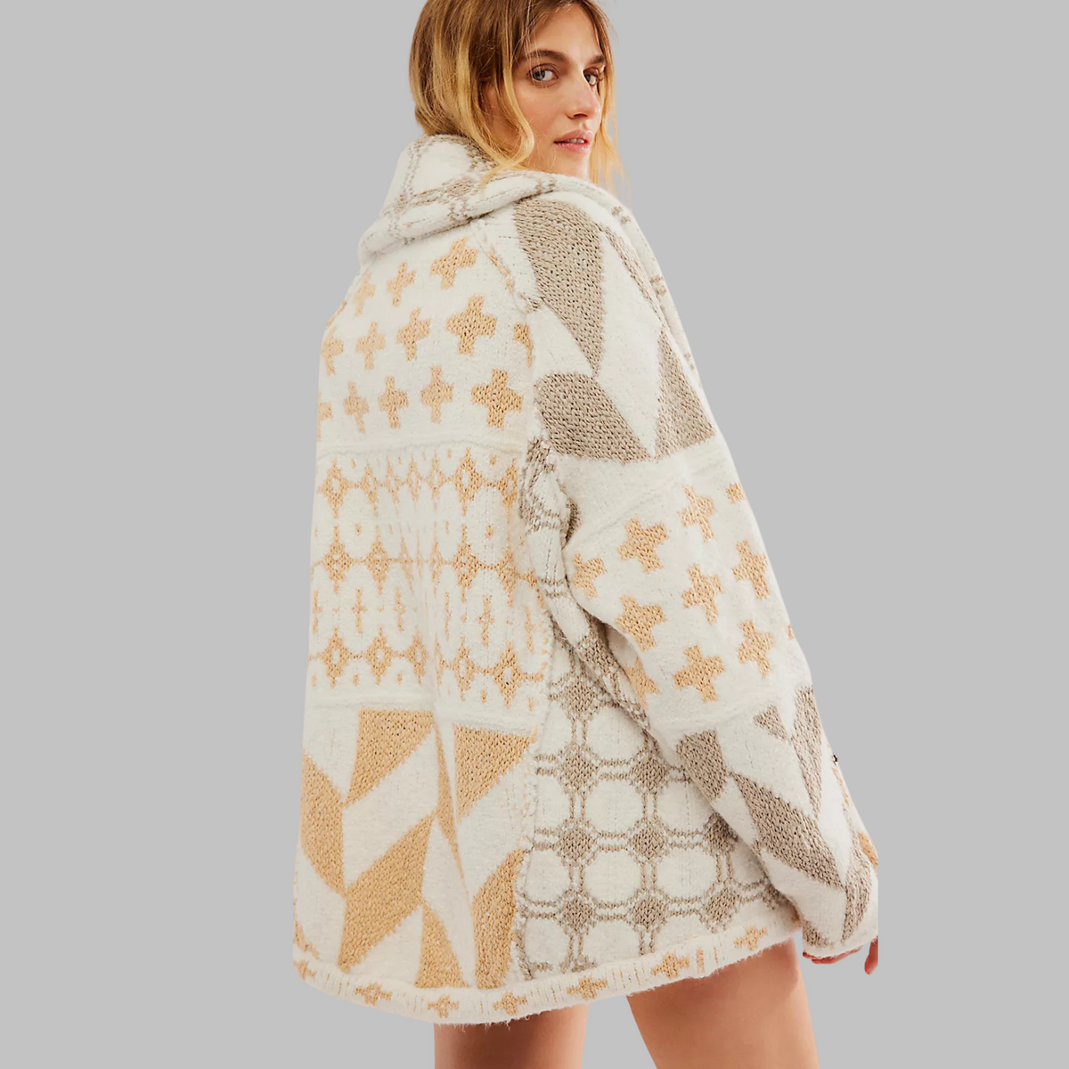 Women's Geometric Knit Cardigan Button-Front Oversized Aztec Drawstring Relaxed