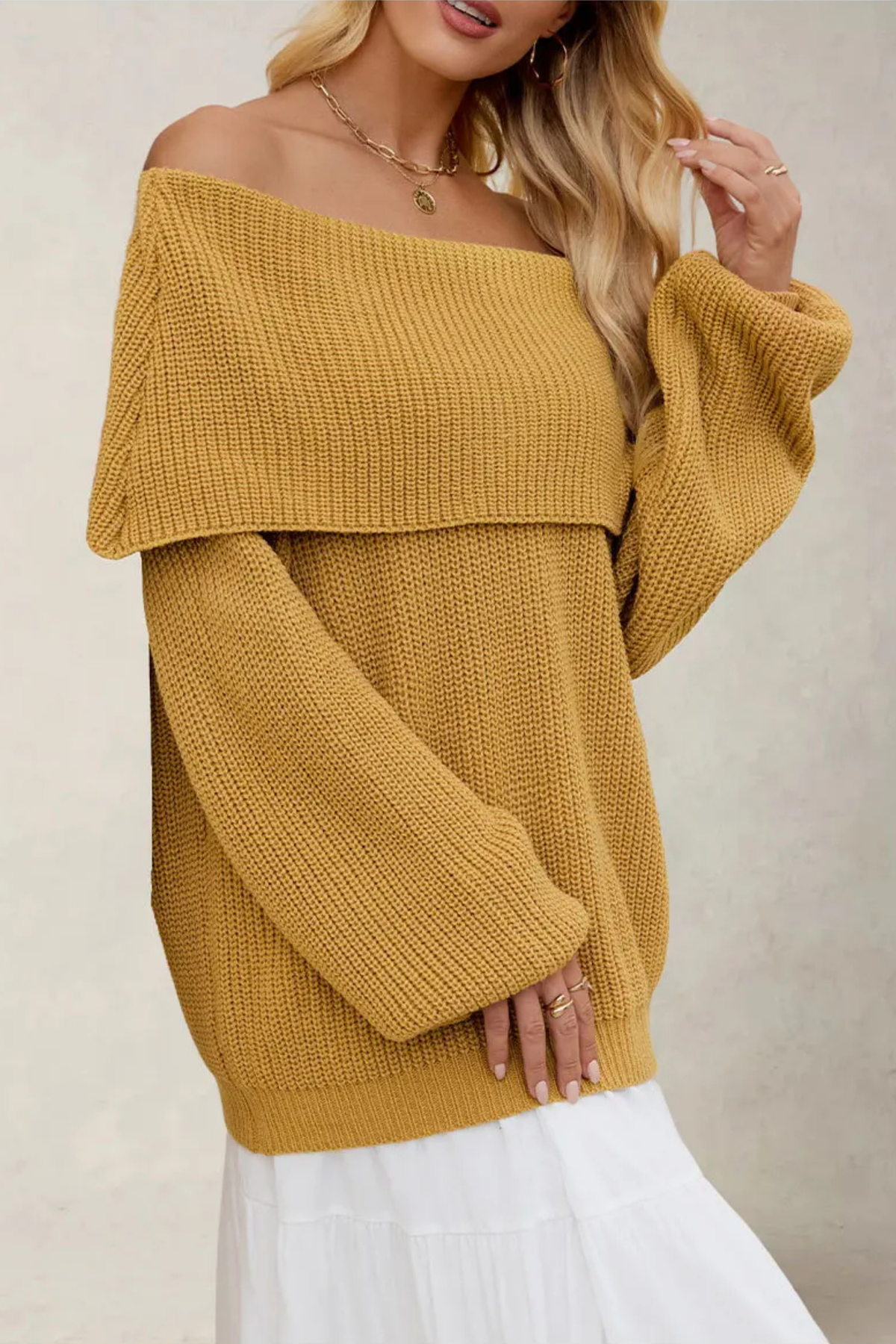 Women's Off-Shoulder Knit Sweater Foldover Bardot Balloon-Sleeve Oversized Chunky
