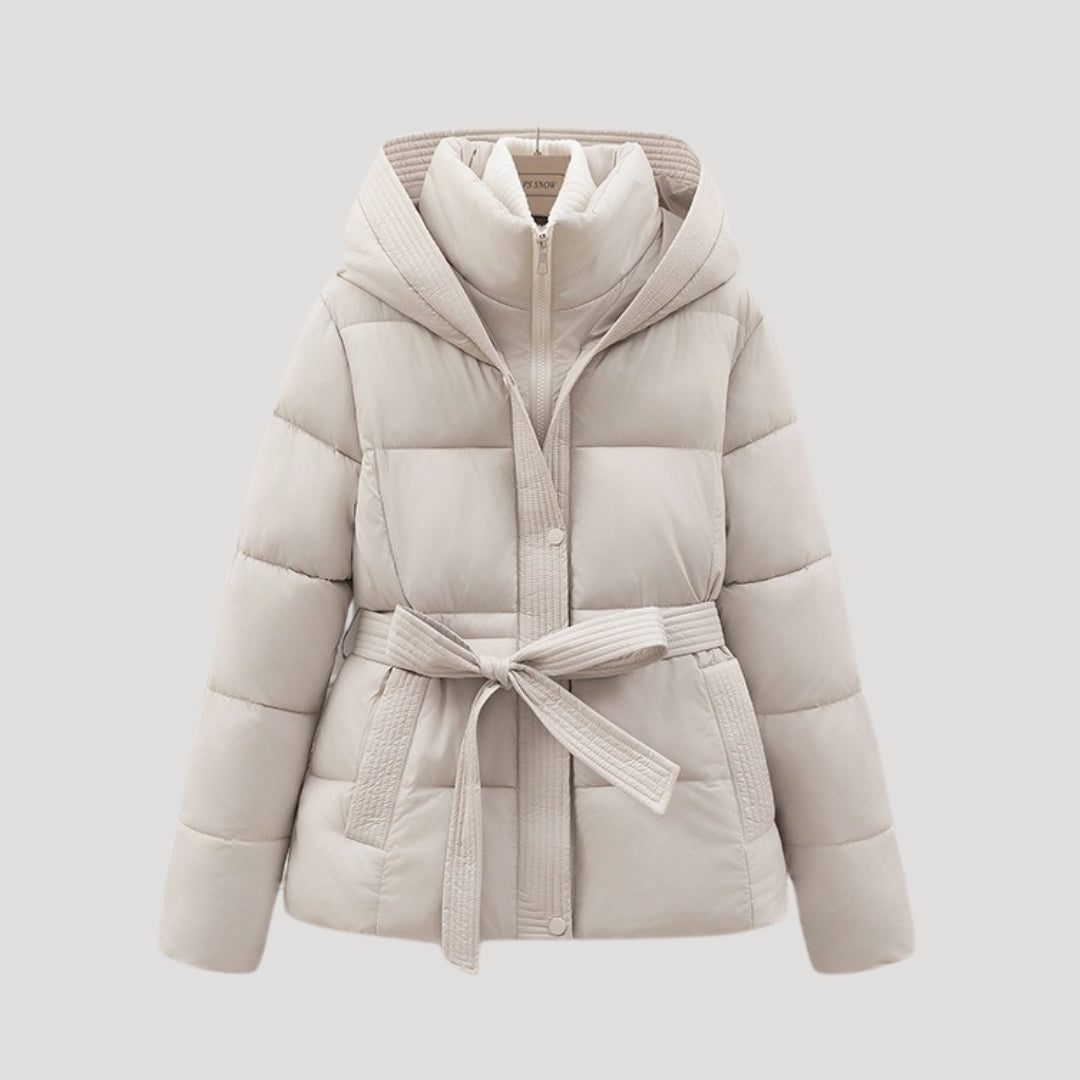 Women's Belted Hooded Puffer Jacket Stand Collar Slim Warm Winter