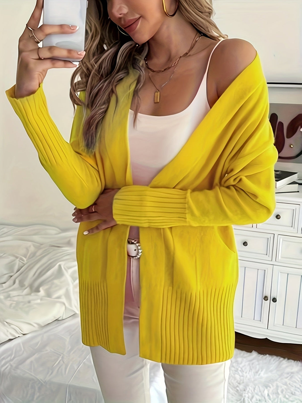 Women's Open-Front Knit Cardigan Ribbed-Trim Longline Drop-Shoulder Pockets Relaxed