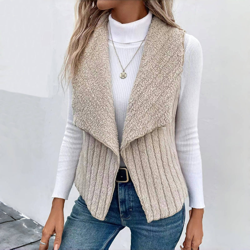 Women's Sherpa Fleece Vest Lapel Collar Sleeveless Open-Front Ribbed Cozy