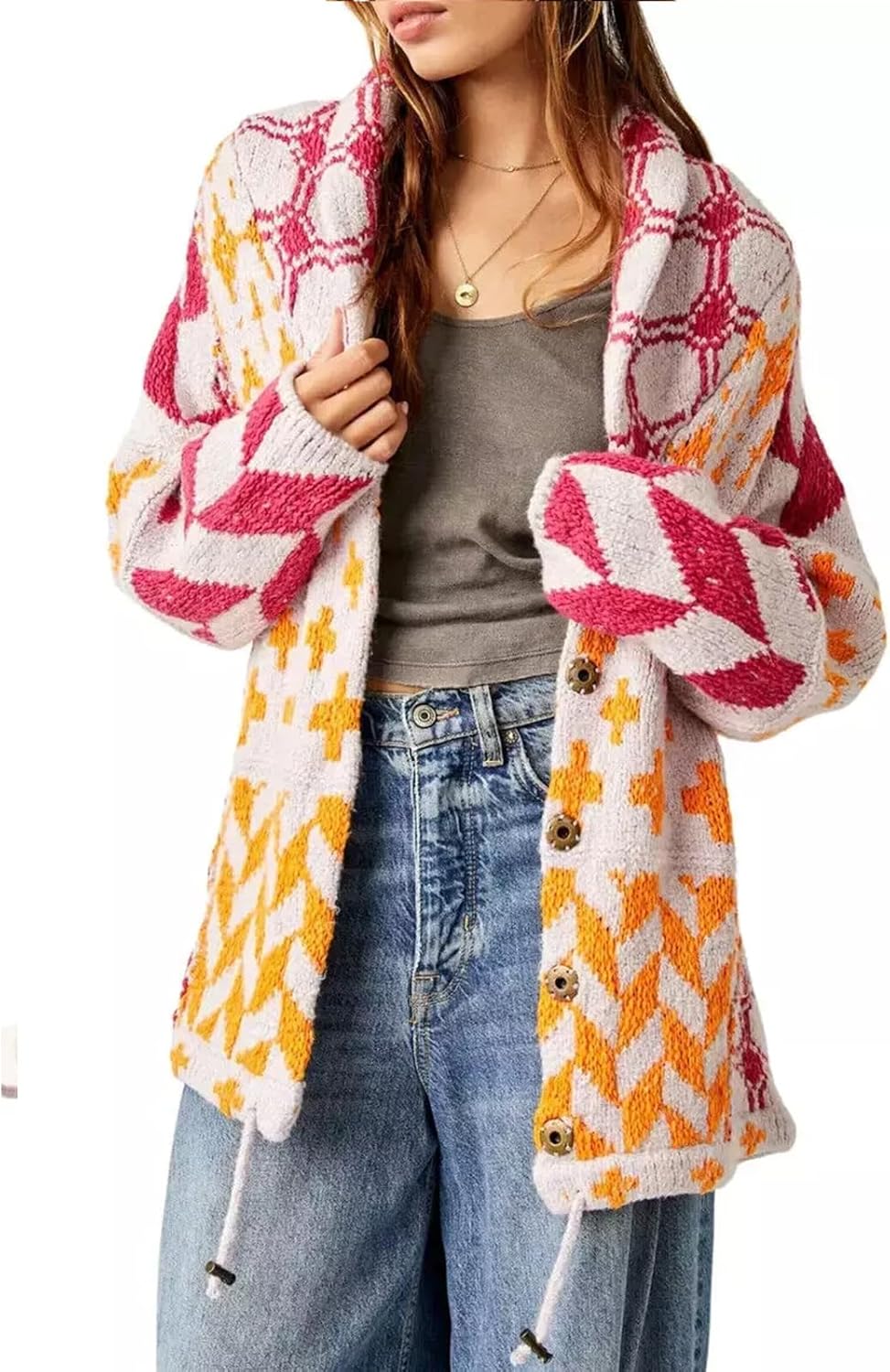 Women's Geometric Knit Cardigan Button-Front Oversized Aztec Drawstring Relaxed