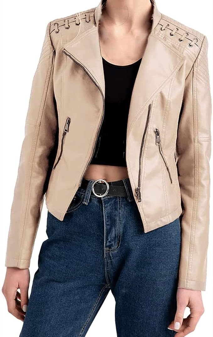 Women's Faux Leather Biker Jacket Asymmetric Zip Lace-Up Shoulder Fitted