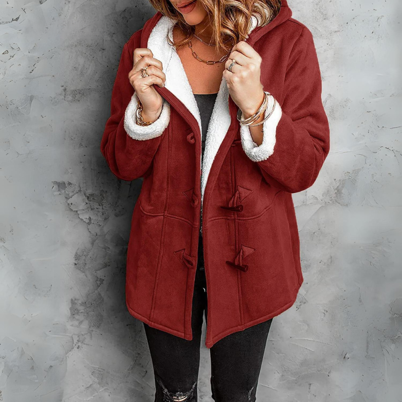 Women's Suede Sherpa-Lined Hooded Duffle Jacket Toggle-Button Warm