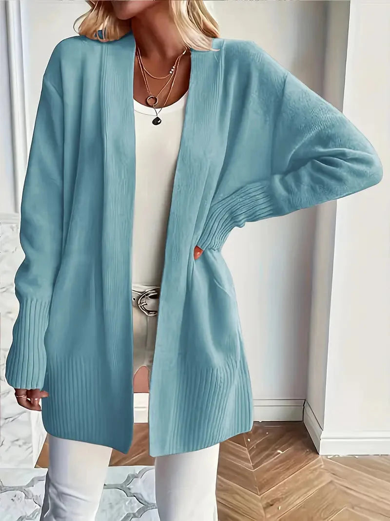 Women's Open-Front Knit Cardigan Ribbed-Trim Longline Drop-Shoulder Pockets Relaxed