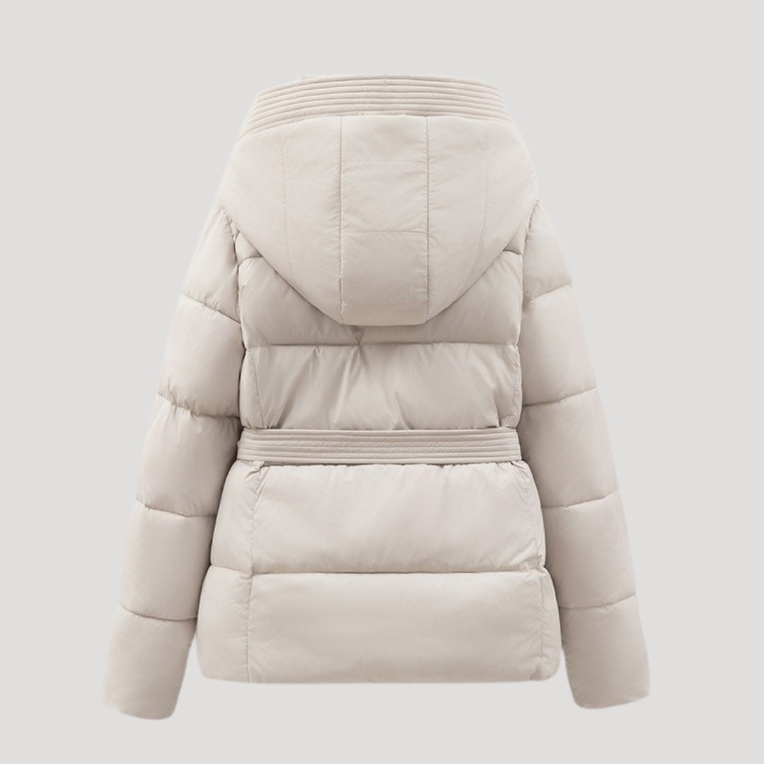 Women's Belted Hooded Puffer Jacket Stand Collar Slim Warm Winter