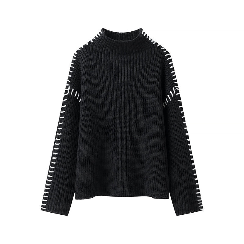 Women's Turtleneck Knit Sweater Contrast Whipstitch Sleeve Relaxed Drop-Shoulder
