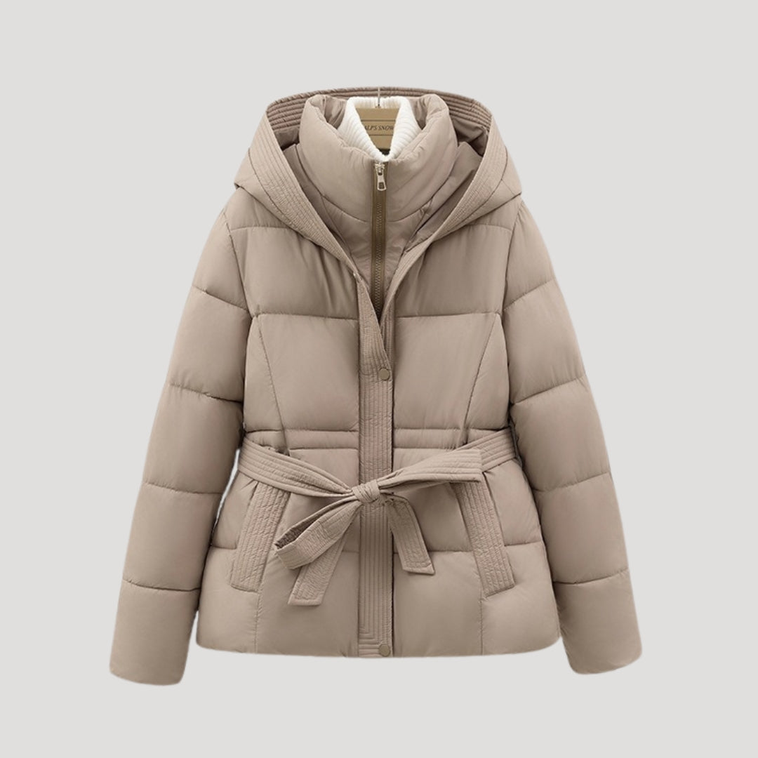 Women's Belted Hooded Puffer Jacket Stand Collar Slim Warm Winter
