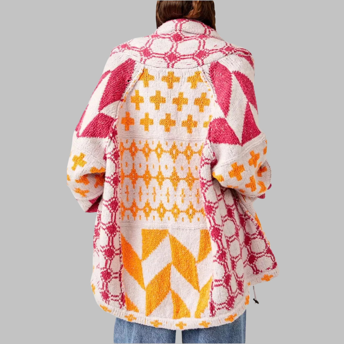 Women's Geometric Knit Cardigan Button-Front Oversized Aztec Drawstring Relaxed