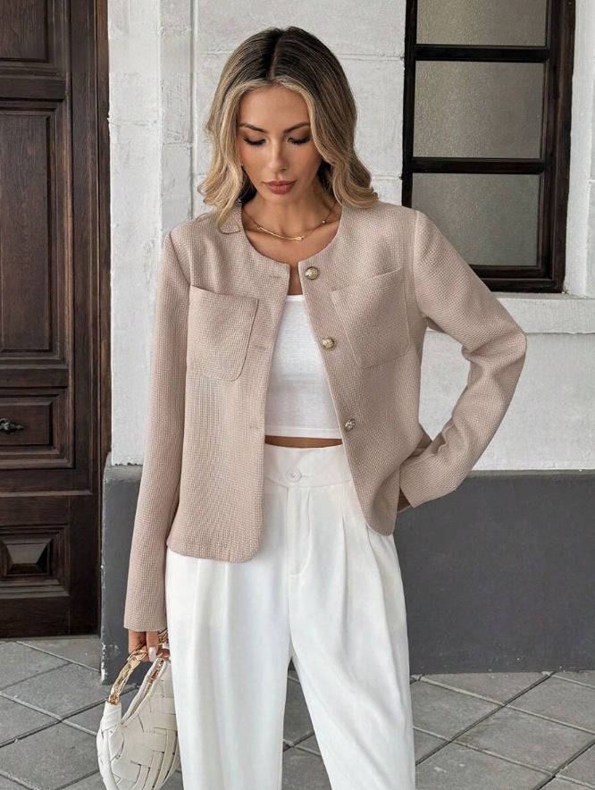 Women's Tweed Cropped Jacket Collarless Gold-Button Patch-Pocket Fitted Cream
