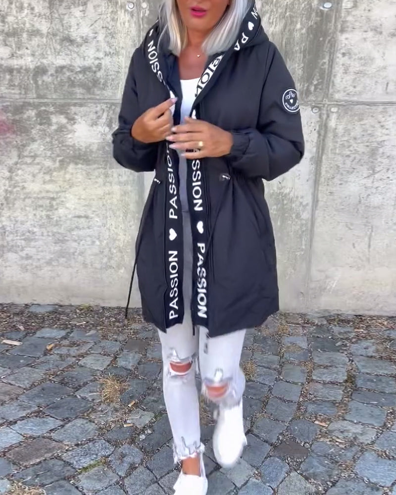 Women's Hooded Padded Coat Drawstring Waist Letter-Trim Zip-Up Warm