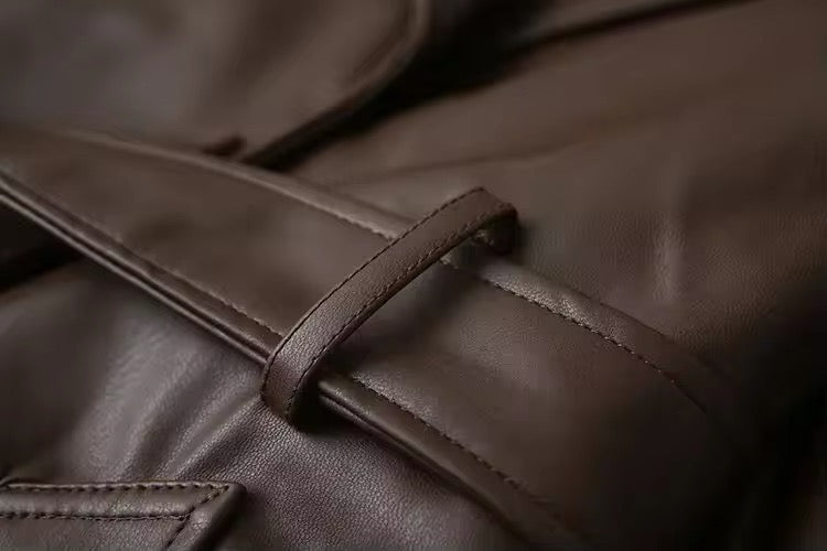 Women's Faux Leather Trench Coat Double-Breasted Belted Longline Elegant