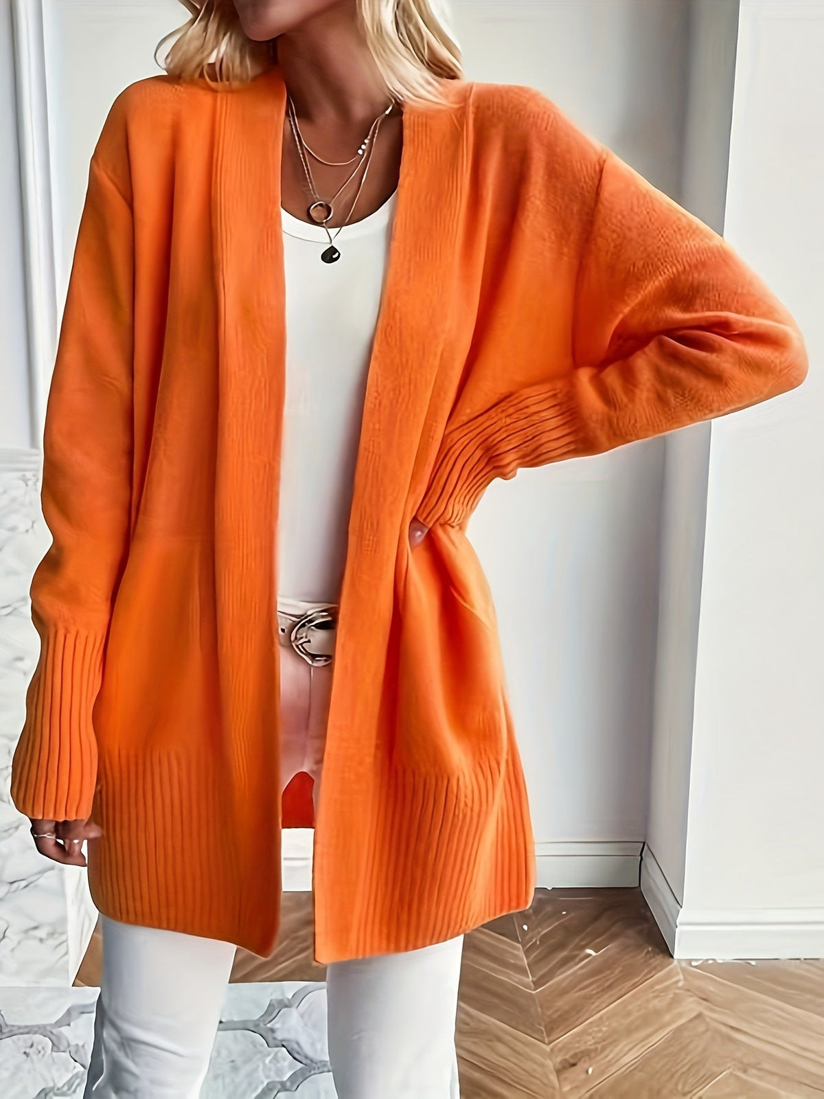Women's Open-Front Knit Cardigan Ribbed-Trim Longline Drop-Shoulder Pockets Relaxed