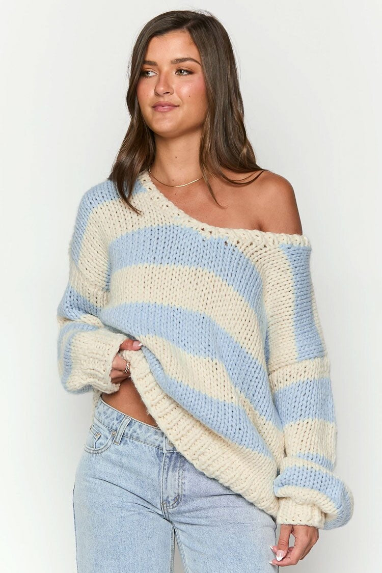 Women's Striped Chunky Knit Sweater Off-Shoulder Oversized Hand-Knit Relaxed