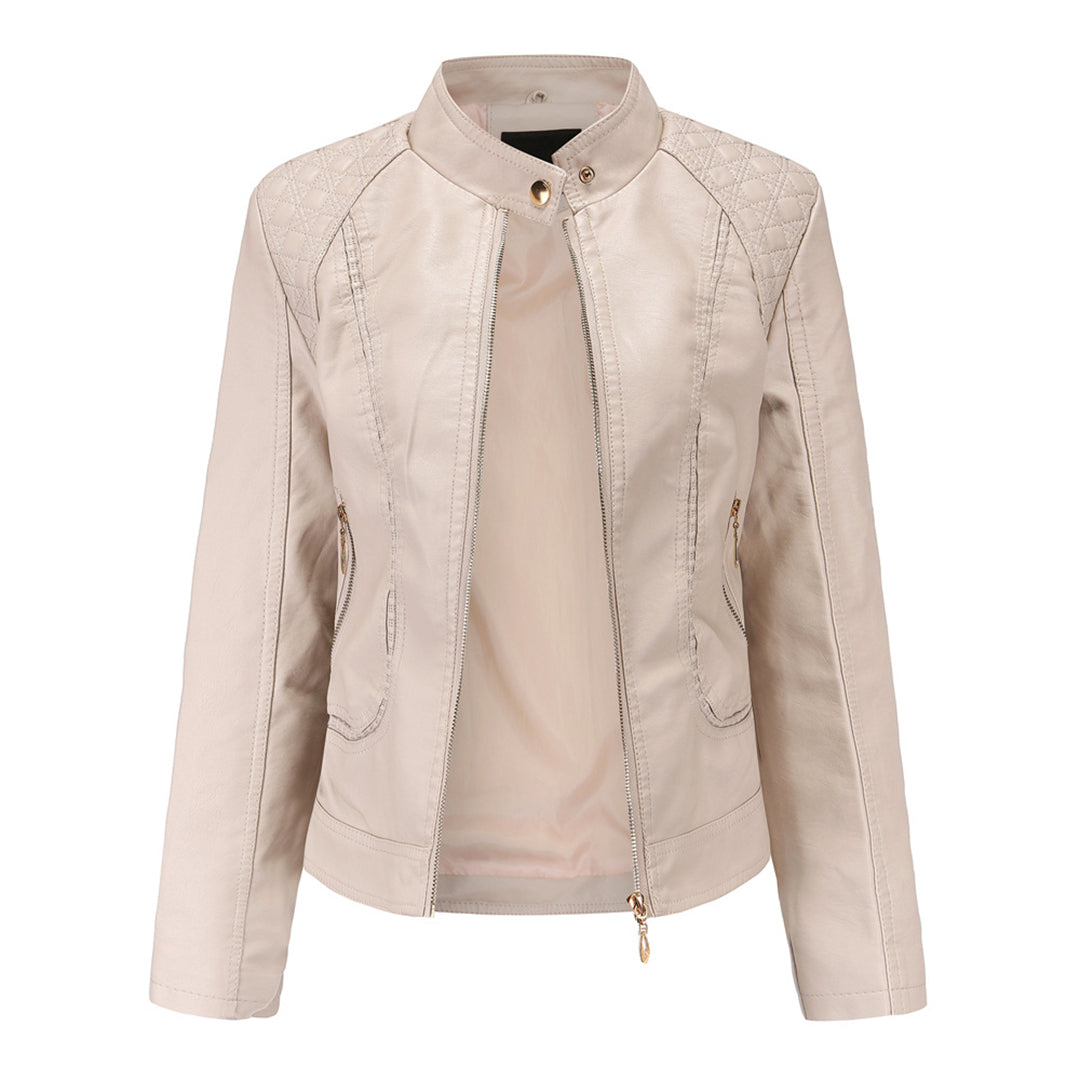 Women's Faux Leather Moto Jacket Stand Collar Zip-Up Quilted Shoulder