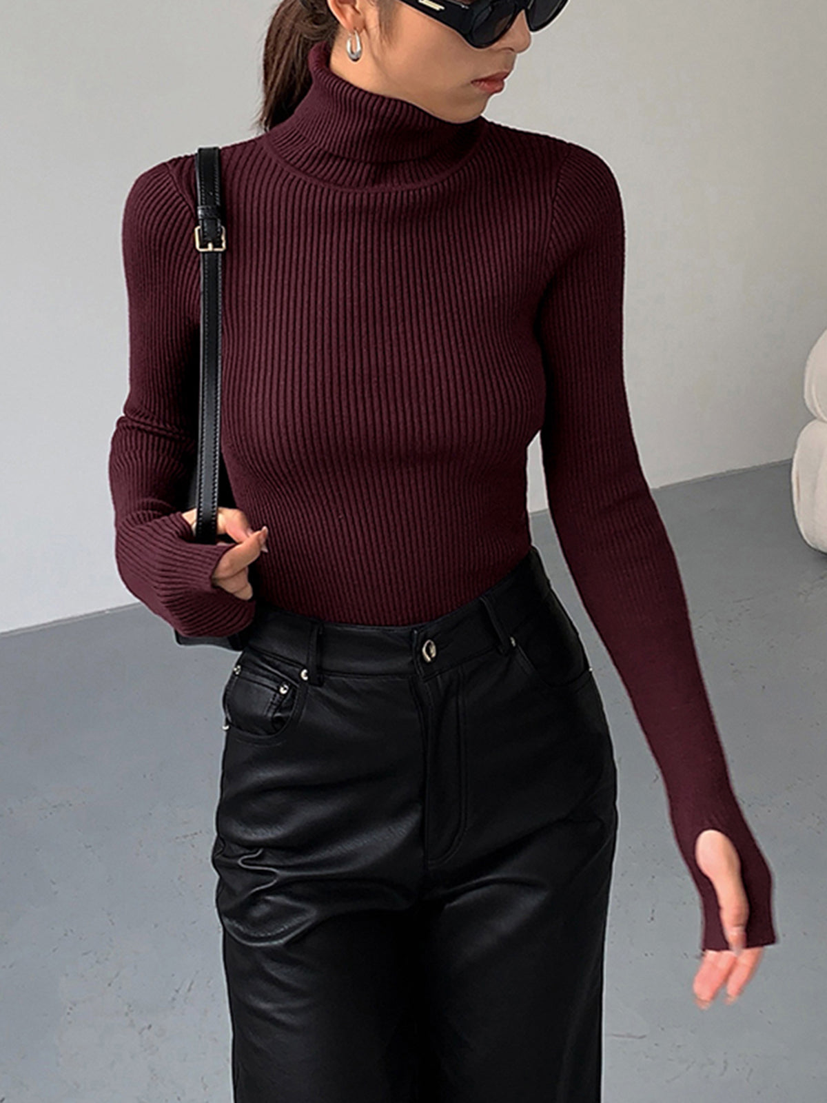 Women's Ribbed Turtleneck Sweater Fitted Long-Sleeve Slim Relaxed Pullover