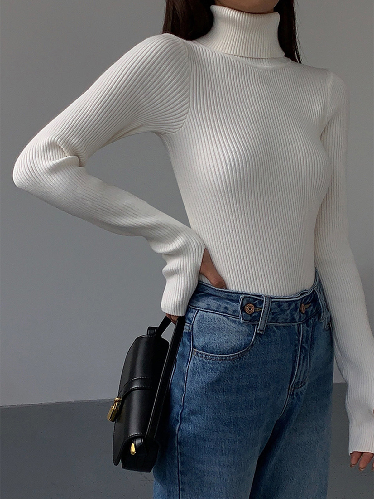 Women's Ribbed Turtleneck Sweater Fitted Long-Sleeve Slim Relaxed Pullover