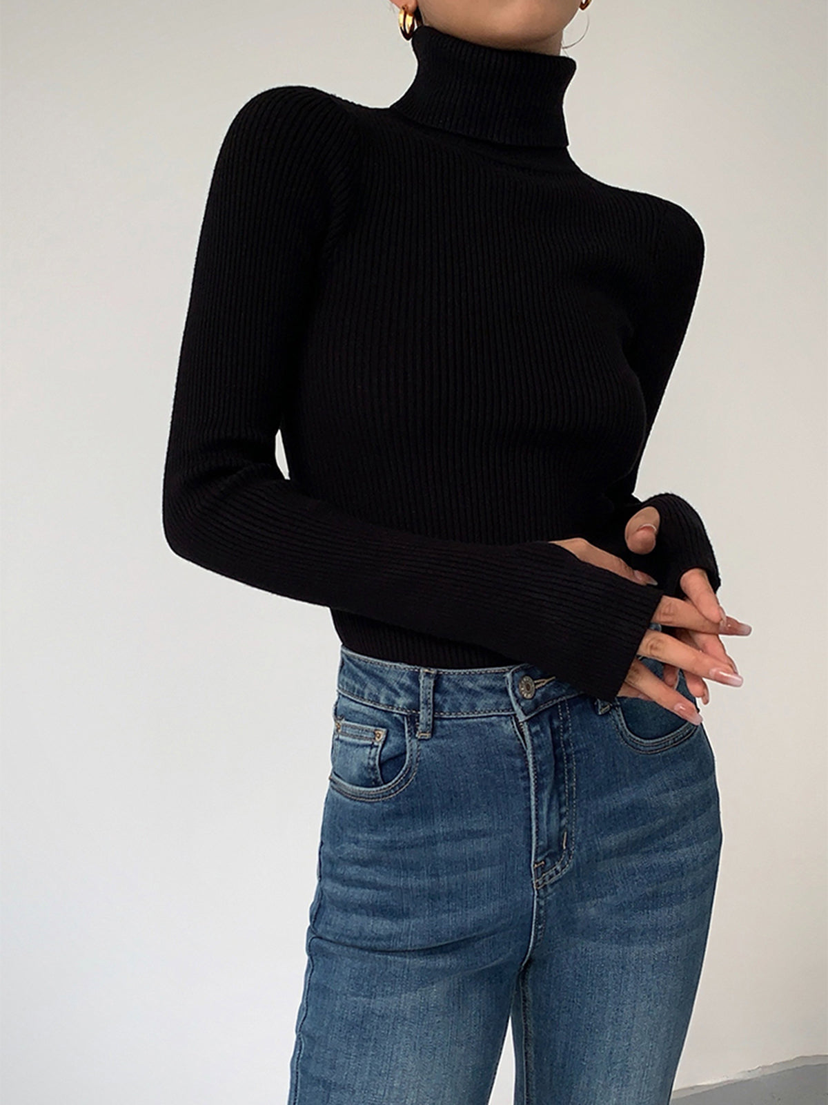 Women's Ribbed Turtleneck Sweater Fitted Long-Sleeve Slim Relaxed Pullover