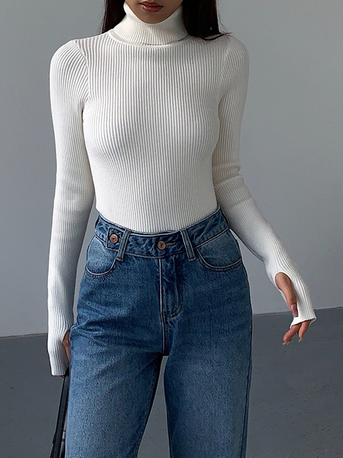 Women's Ribbed Turtleneck Sweater Fitted Long-Sleeve Slim Relaxed Pullover
