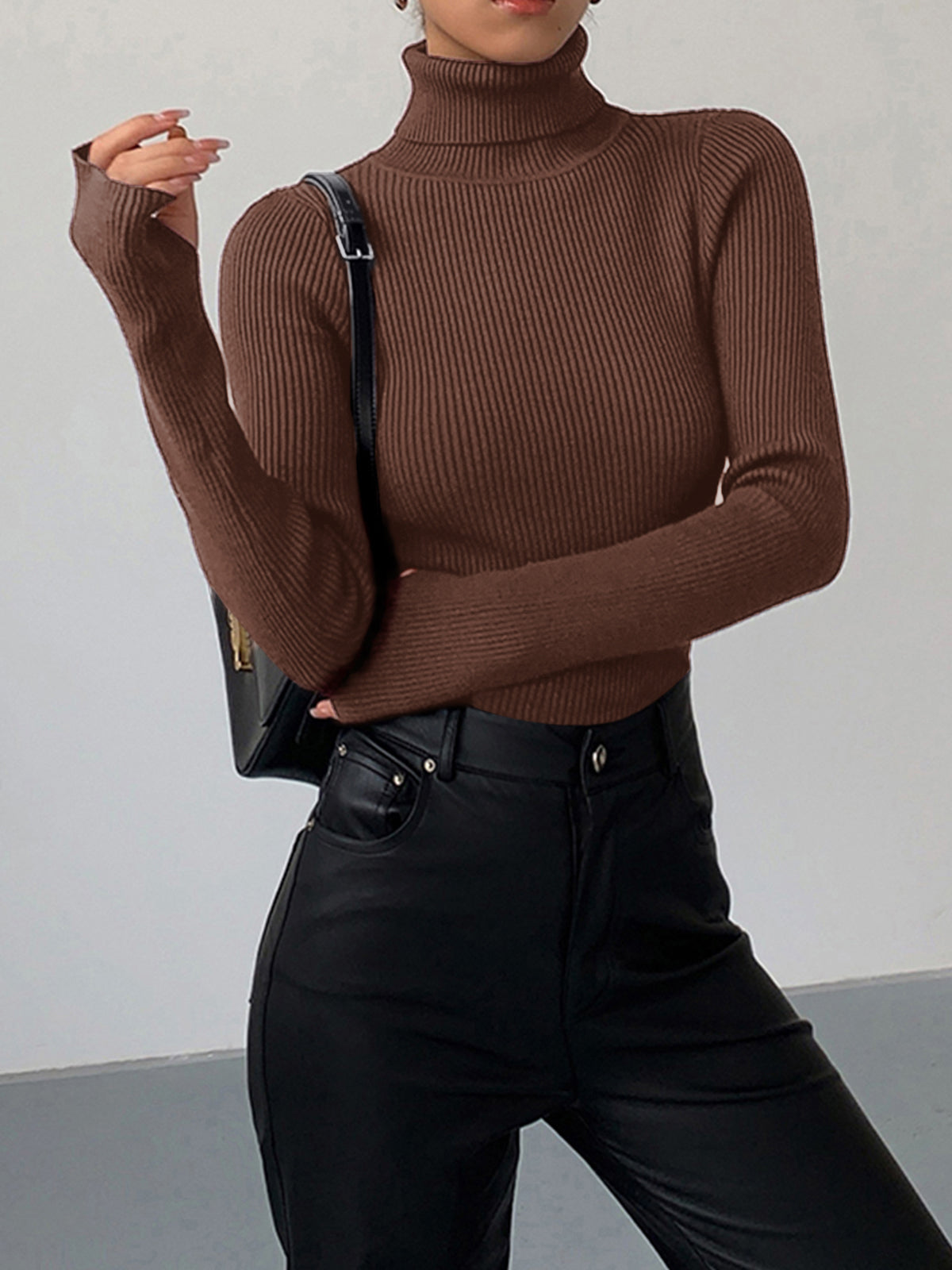 Women's Ribbed Turtleneck Sweater Fitted Long-Sleeve Slim Relaxed Pullover