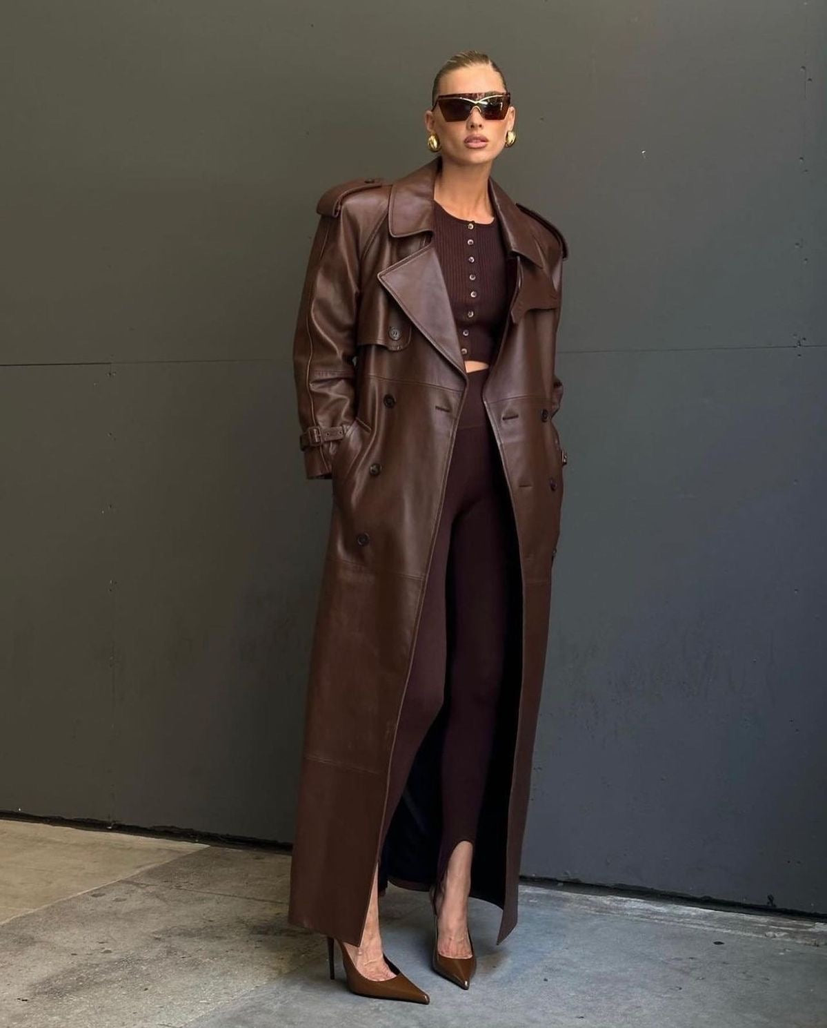 Women's Faux Leather Trench Coat Double-Breasted Belted Longline Elegant