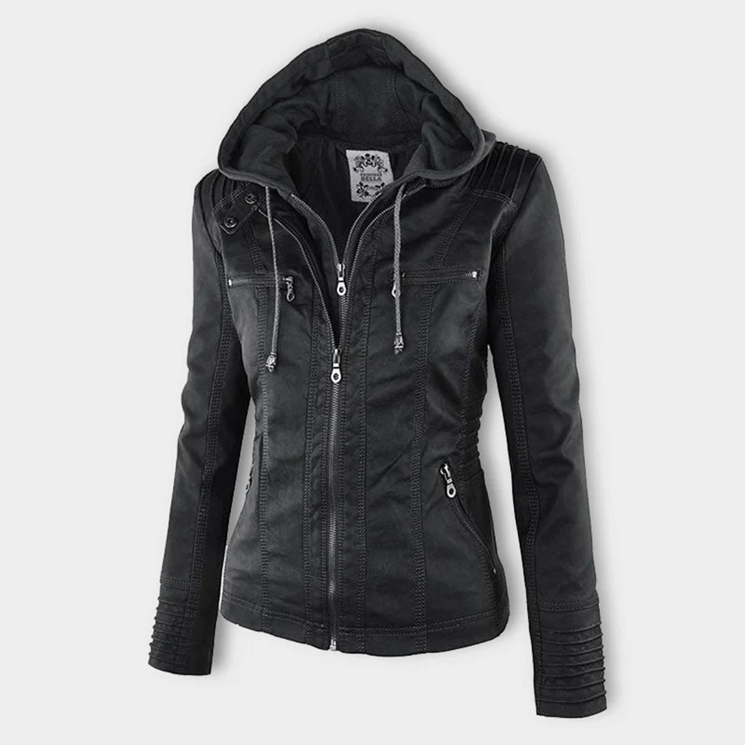 Women's Faux Leather Moto Jacket Band Collar Zip-Up Fitted Hooded