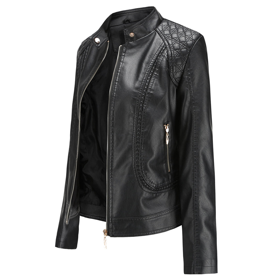 Women's Faux Leather Moto Jacket Stand Collar Zip-Up Quilted Shoulder