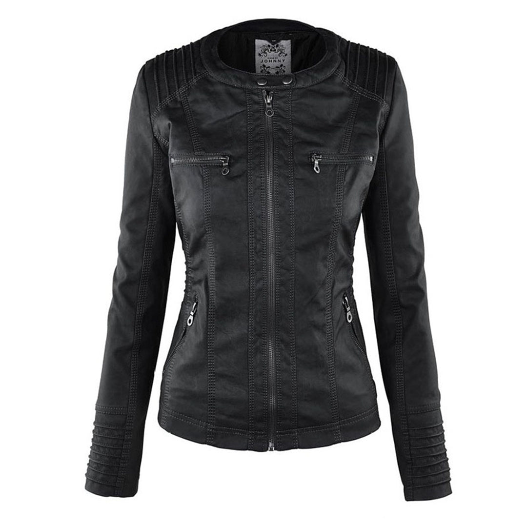 Women's Faux Leather Moto Jacket Band Collar Zip-Up Fitted Hooded