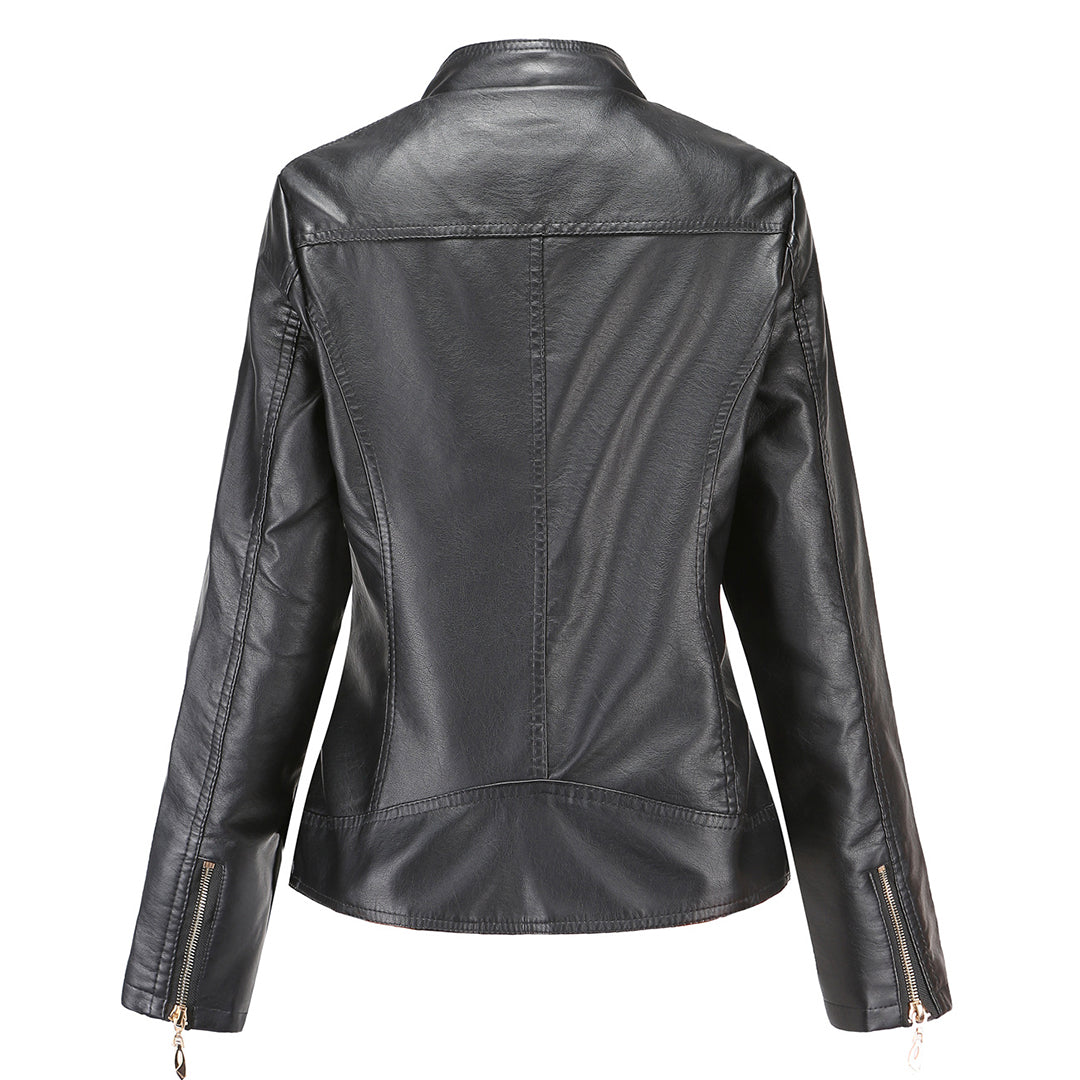 Women's Faux Leather Moto Jacket Stand Collar Zip-Up Quilted Shoulder