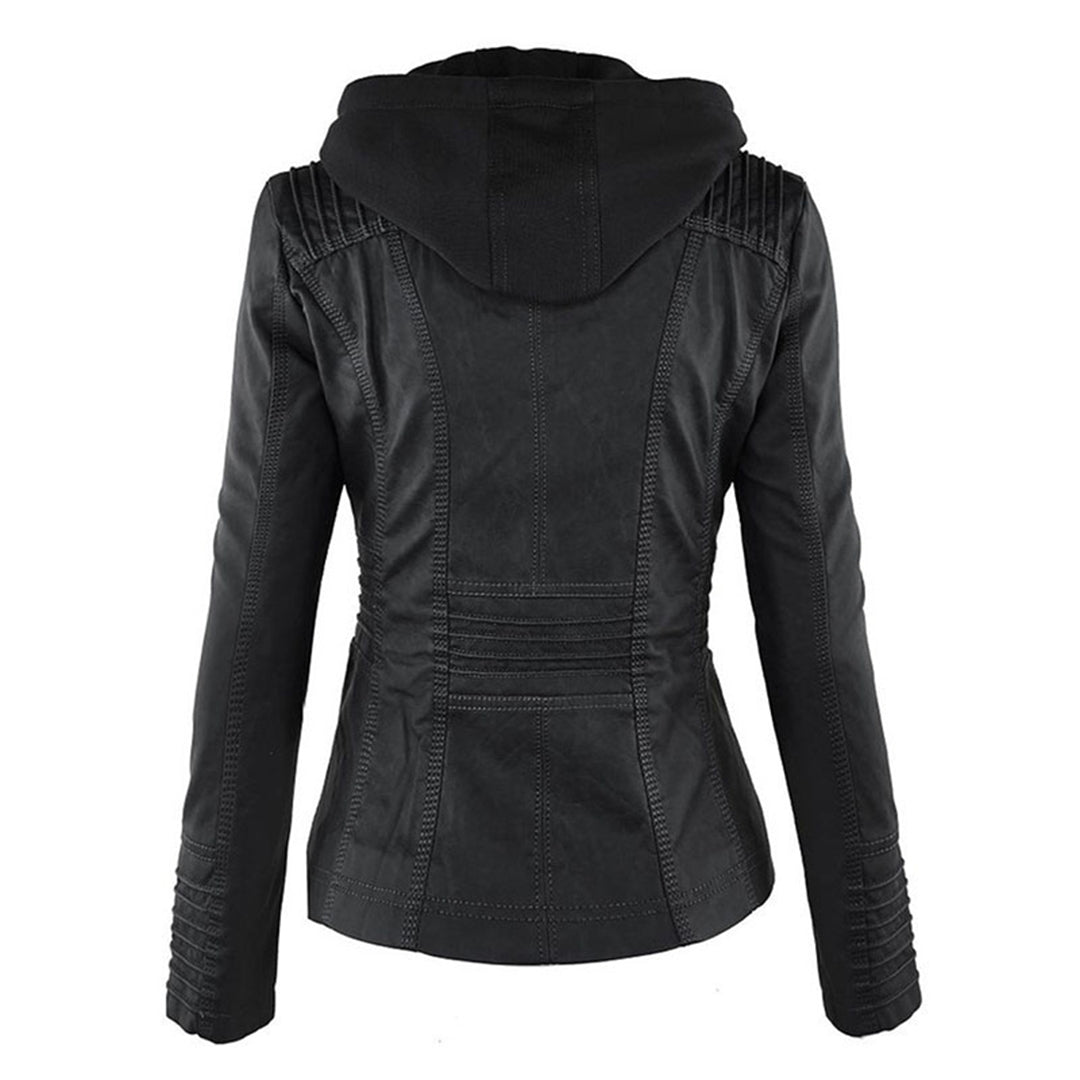 Women's Faux Leather Moto Jacket Band Collar Zip-Up Fitted Hooded