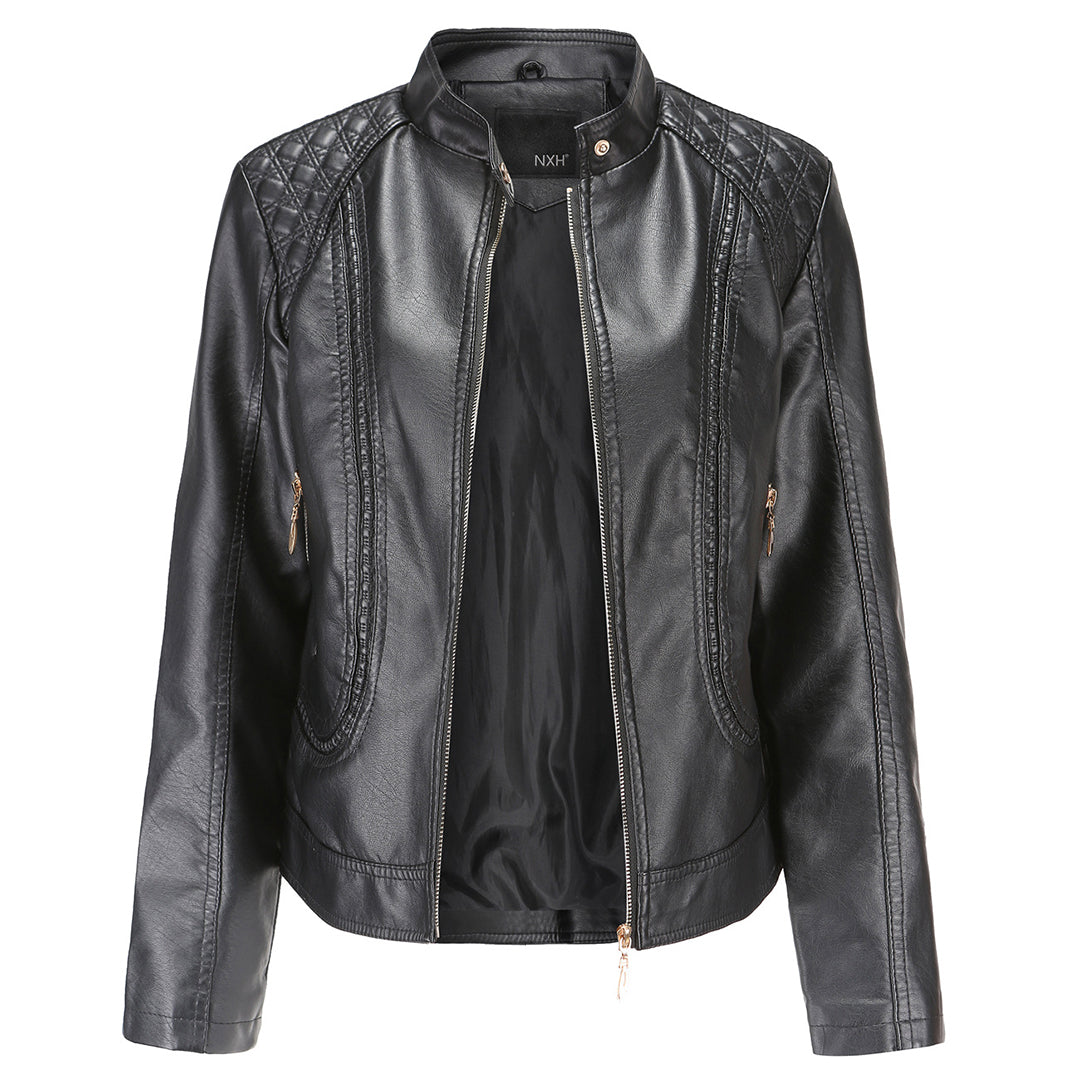 Women's Faux Leather Moto Jacket Stand Collar Zip-Up Quilted Shoulder