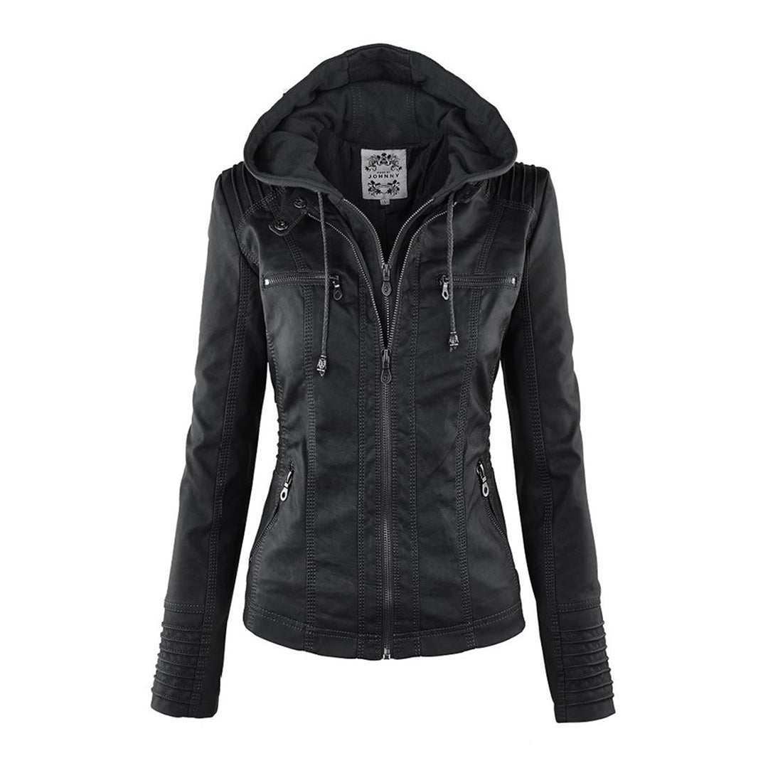 Women's Faux Leather Moto Jacket Band Collar Zip-Up Fitted Hooded