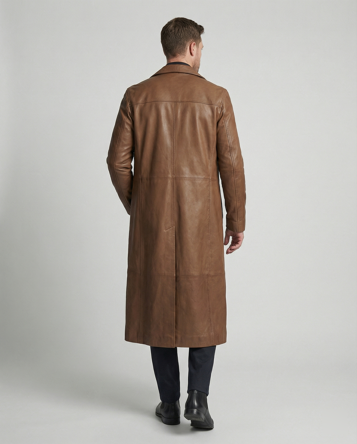 Men's Faux Leather Trench Coat Notch Lapel Single-Breasted Longline Warm-Lined