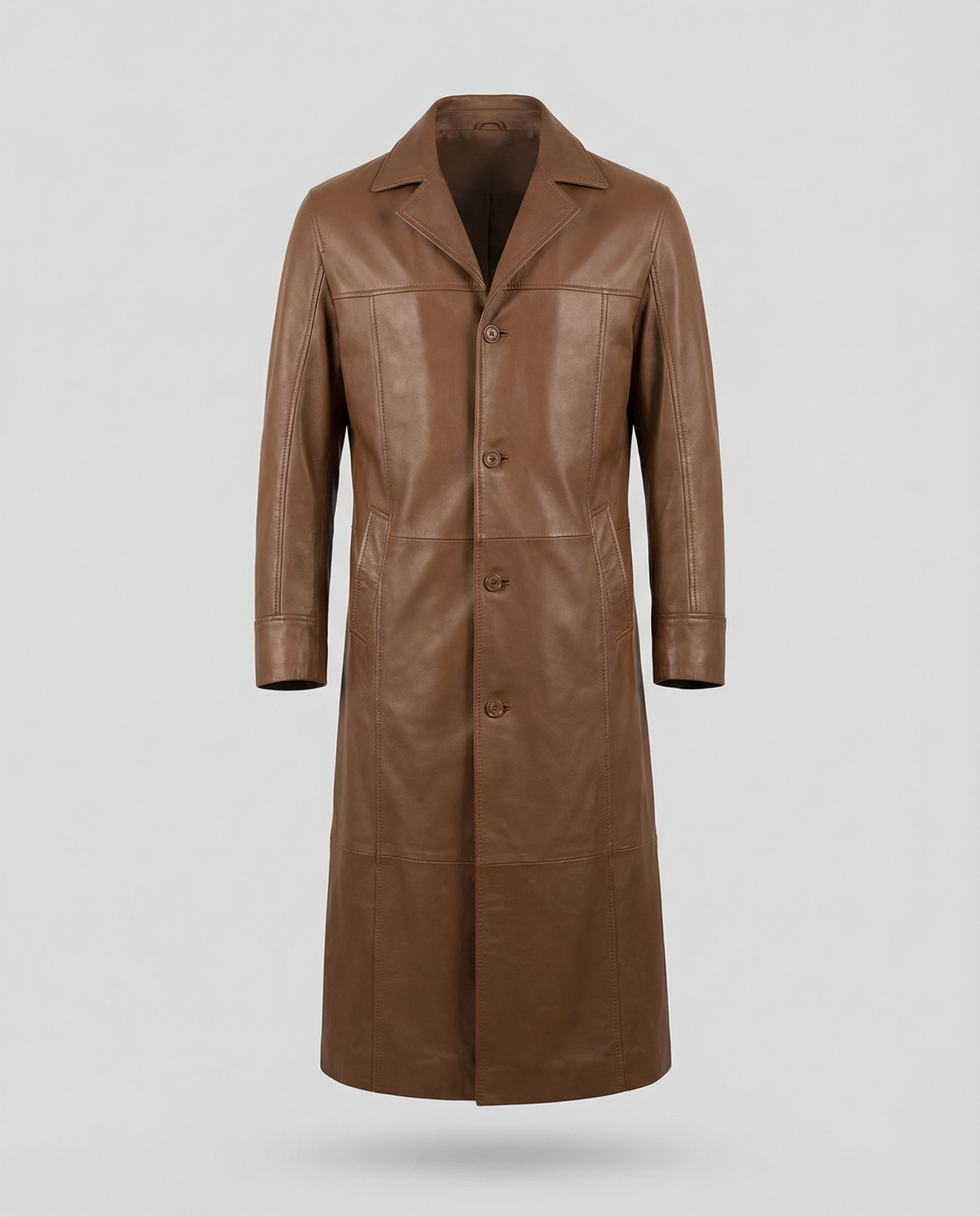 Men's Faux Leather Trench Coat Notch Lapel Single-Breasted Longline Warm-Lined