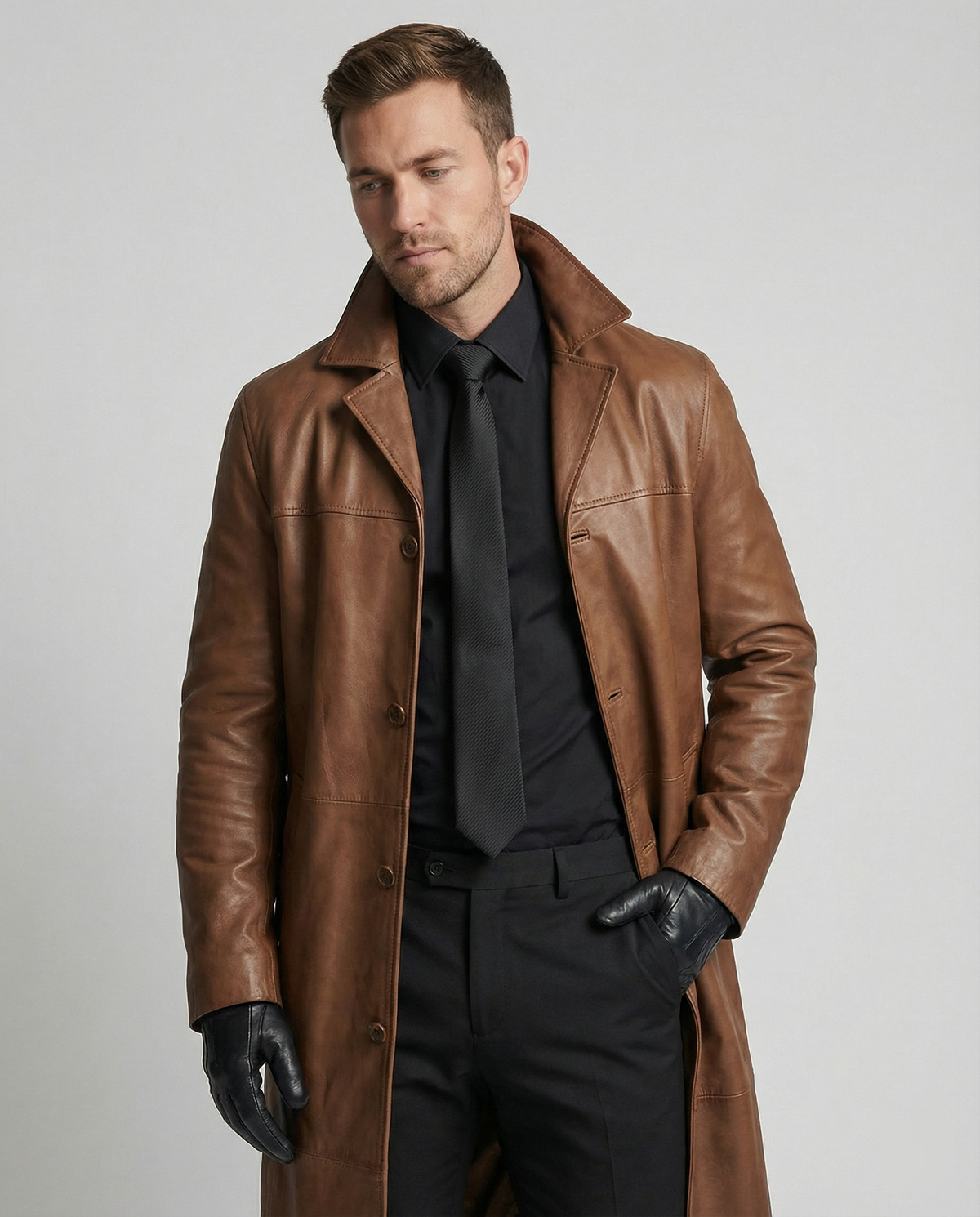 Men's Faux Leather Trench Coat Notch Lapel Single-Breasted Longline Warm-Lined