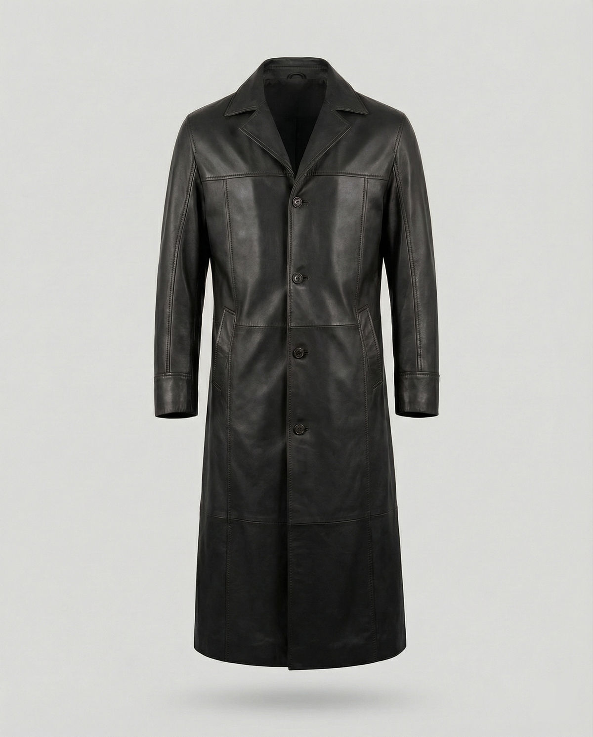 Men's Faux Leather Trench Coat Notch Lapel Single-Breasted Longline Warm-Lined