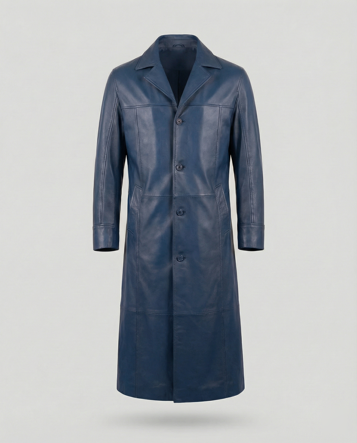 Men's Faux Leather Trench Coat Notch Lapel Single-Breasted Longline Warm-Lined