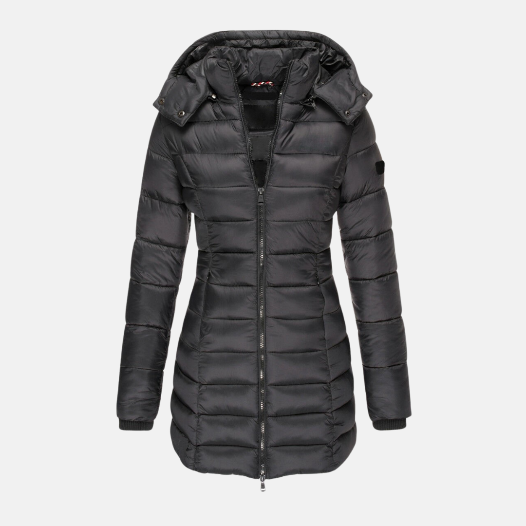 Women's Slim Hooded Puffer Coat Mid-Length Quilted Full-Zip Fitted