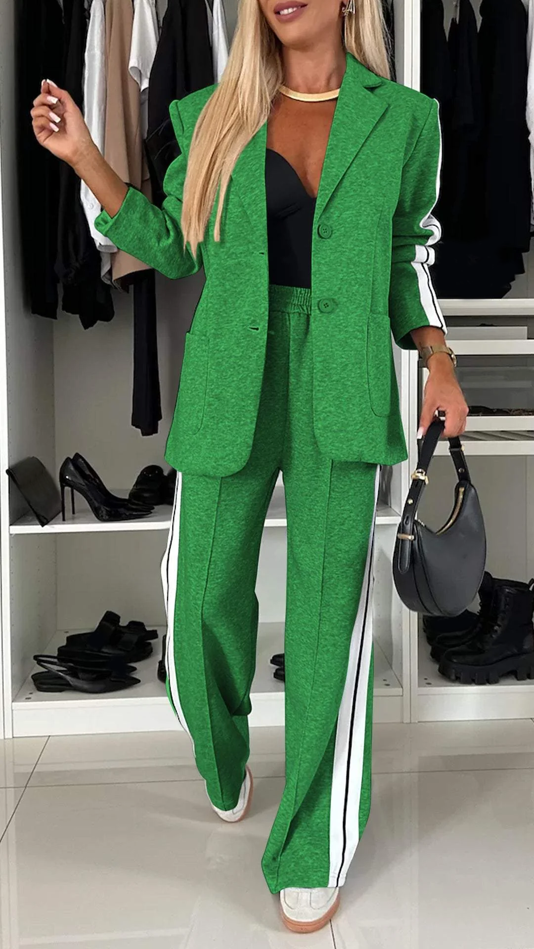 Women's Two-Piece Set Side-Stripe Blazer Wide-Leg Track Pants Athleisure