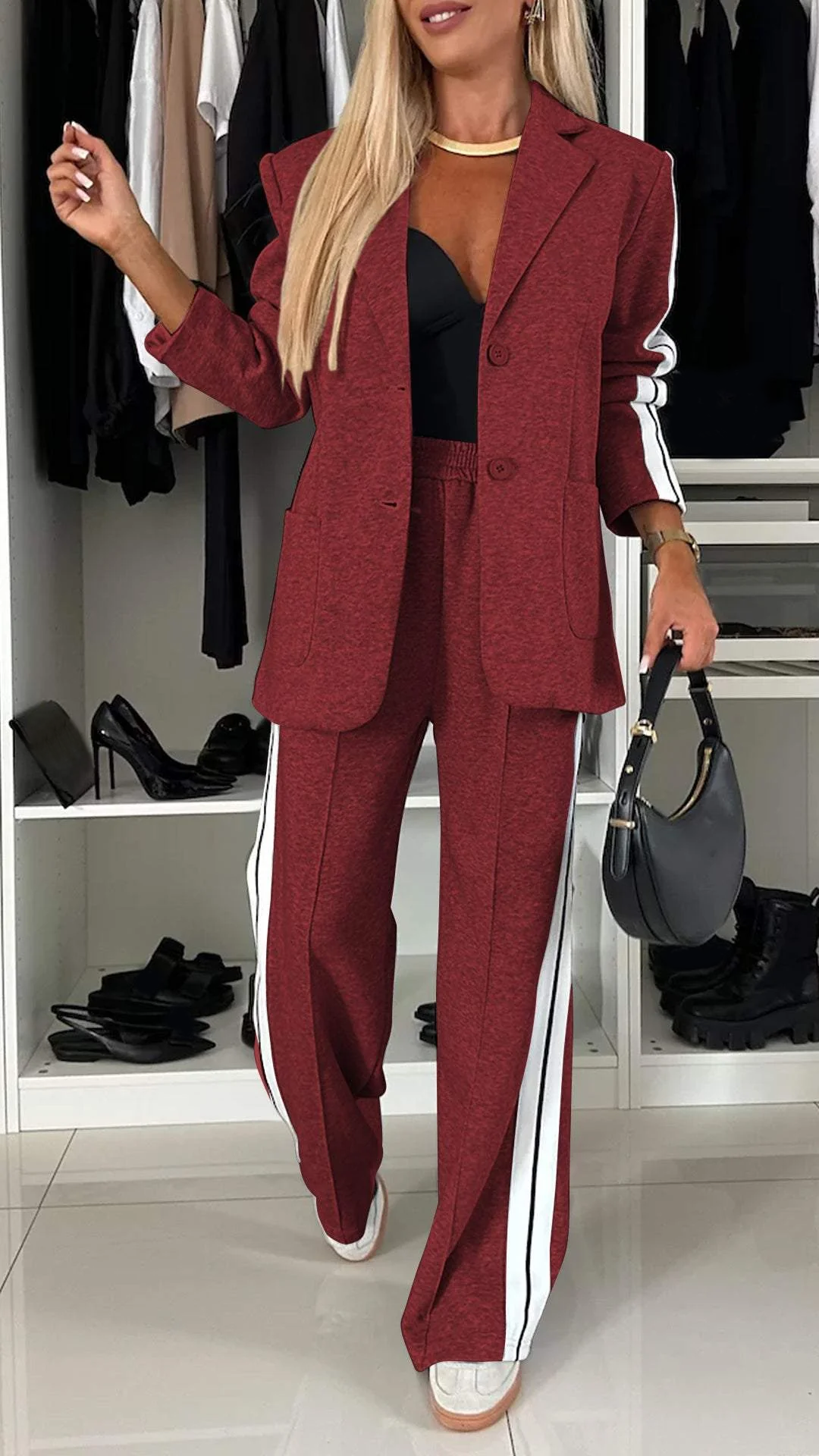 Women's Two-Piece Set Side-Stripe Blazer Wide-Leg Track Pants Athleisure