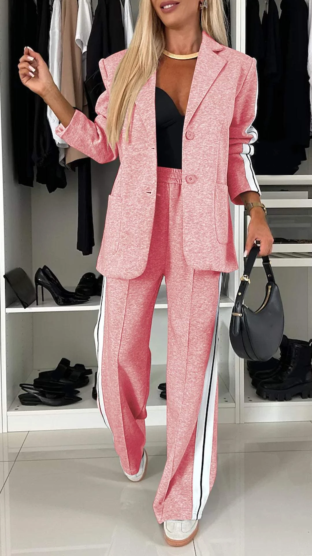Women's Two-Piece Set Side-Stripe Blazer Wide-Leg Track Pants Athleisure