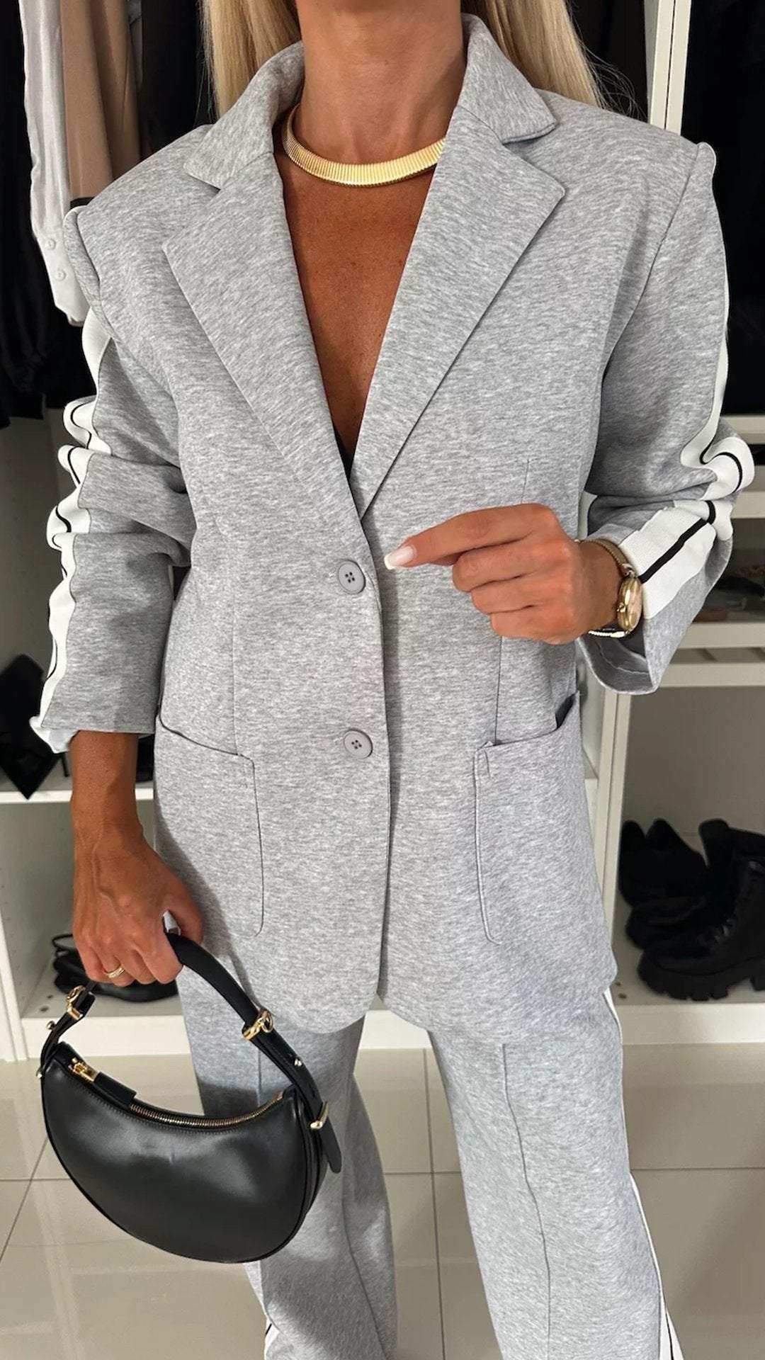 Women's Two-Piece Set Side-Stripe Blazer Wide-Leg Track Pants Athleisure