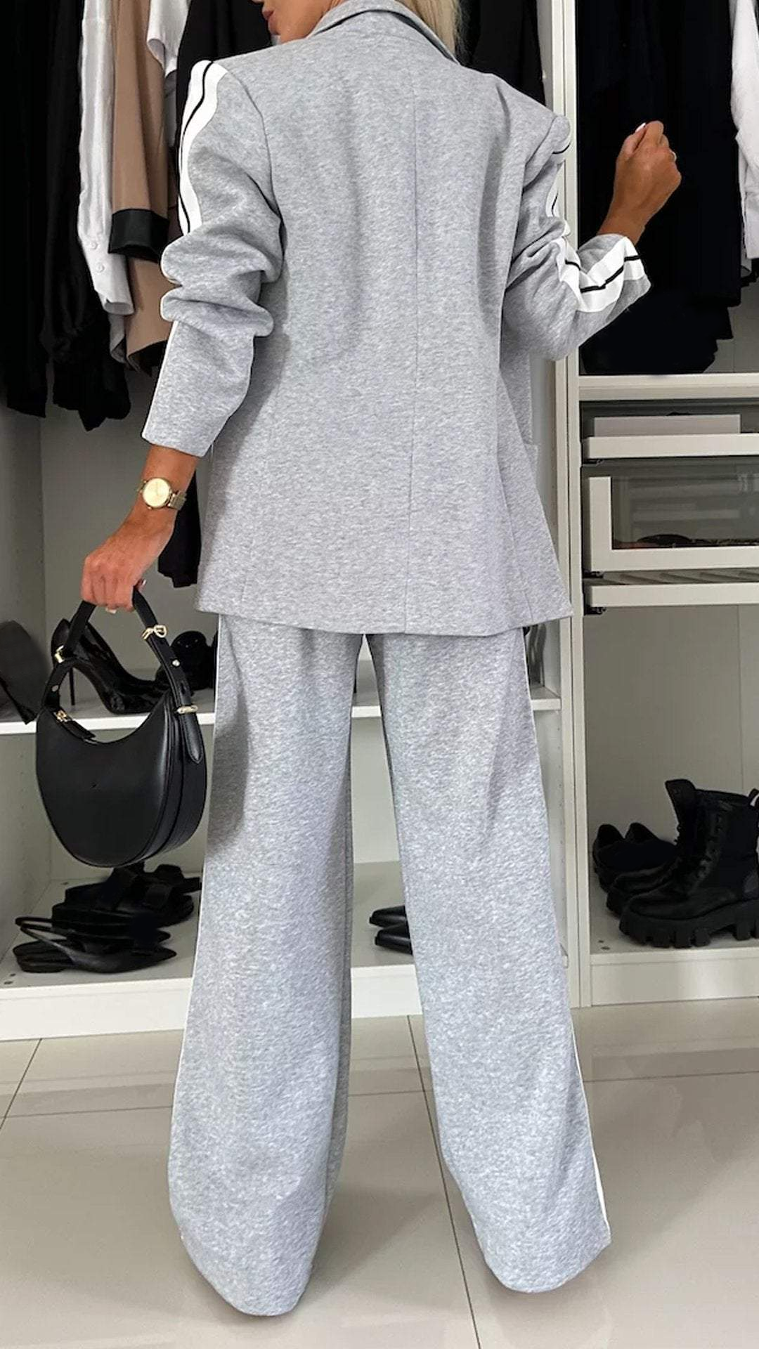 Women's Two-Piece Set Side-Stripe Blazer Wide-Leg Track Pants Athleisure
