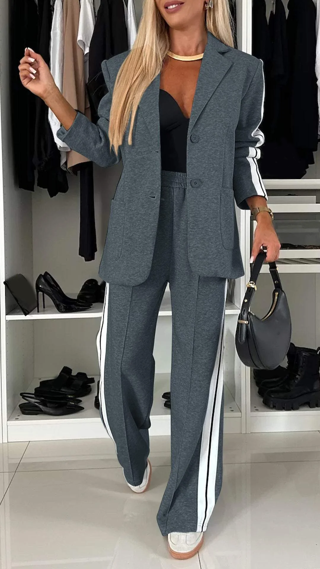 Women's Two-Piece Set Side-Stripe Blazer Wide-Leg Track Pants Athleisure