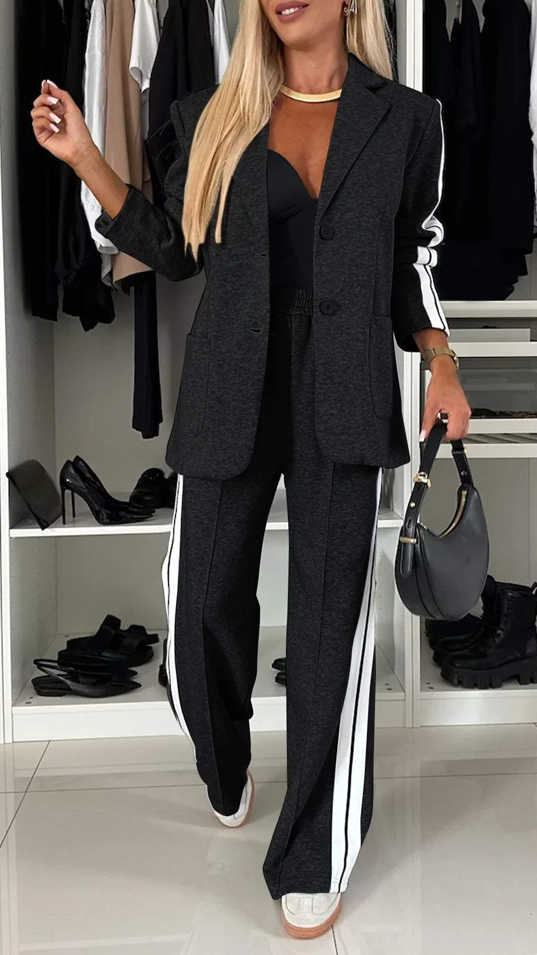 Women's Two-Piece Set Side-Stripe Blazer Wide-Leg Track Pants Athleisure
