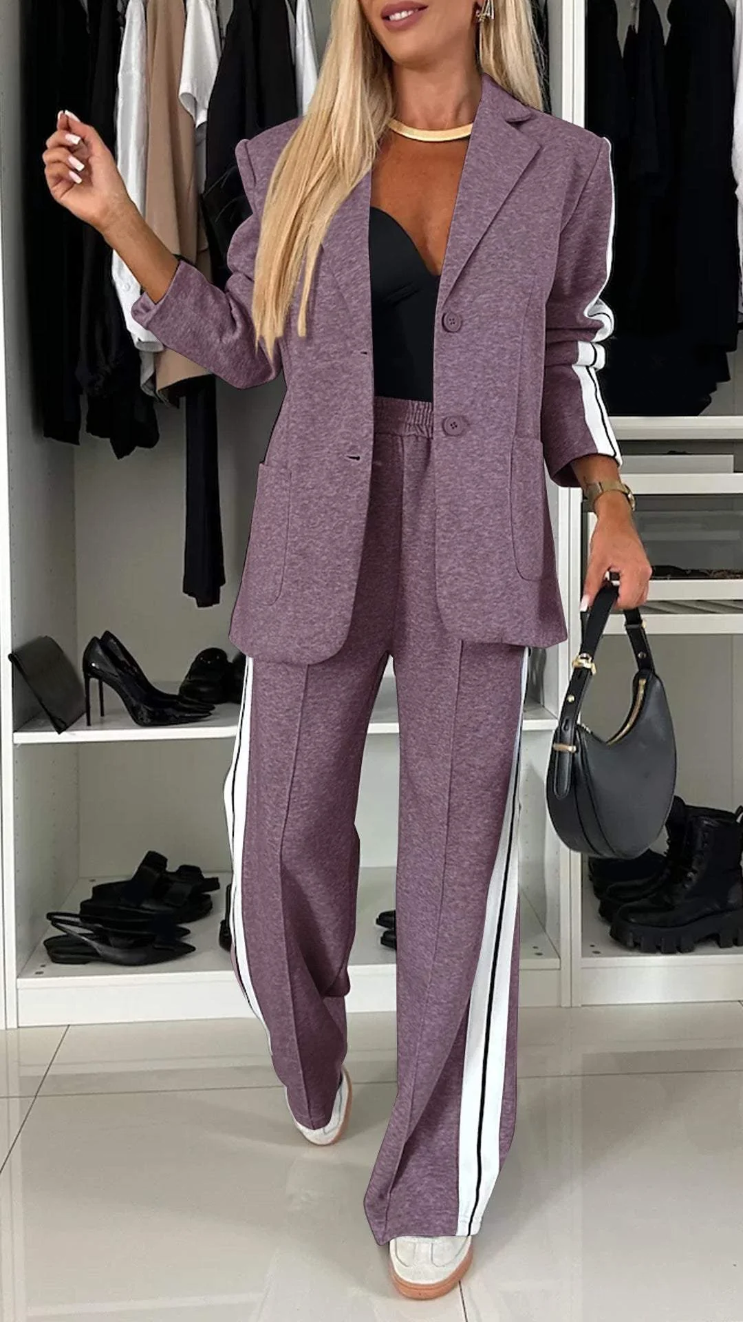 Women's Two-Piece Set Side-Stripe Blazer Wide-Leg Track Pants Athleisure